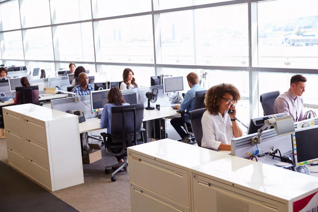 Office environment with several people working at computers, while one person is on the phone, showing a collaborative workspace with multiple employees.